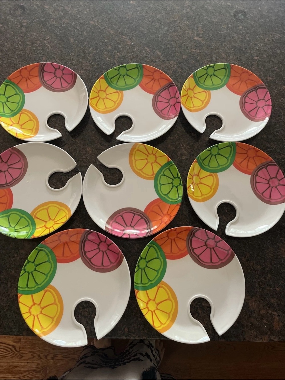 Set 8 Glossy 8” Melamine Plates w Wine Glass Holder Citrus Appetizers Party